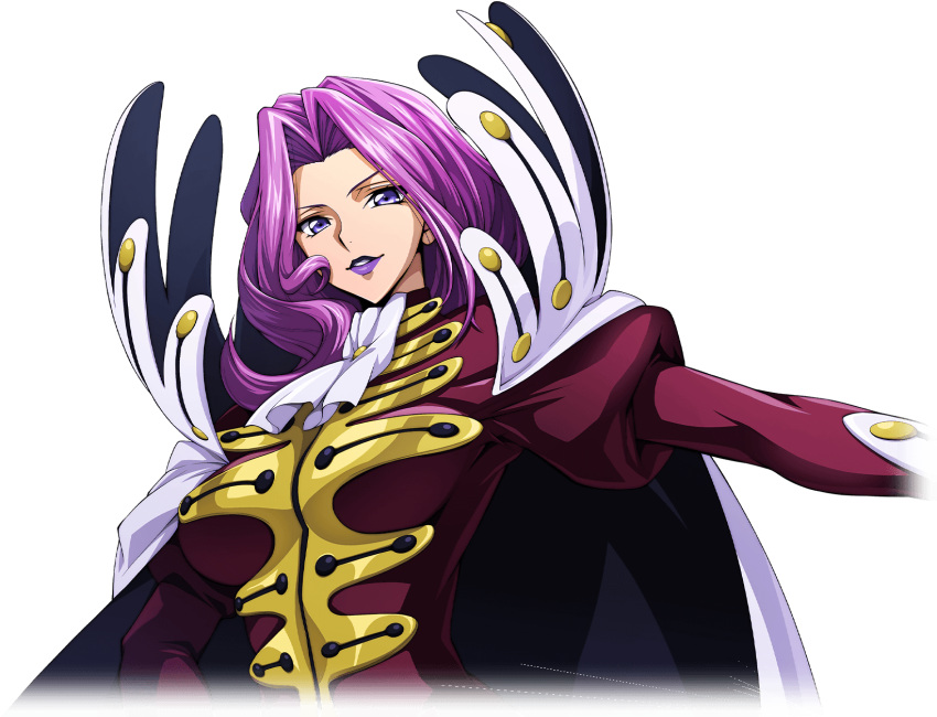 1girl arm_up artist_request ascot breasts cape coat code_geass code_geass:_lost_stories cornelia_li_britannia forehead game_cg gloves hair_intakes happy high_collar highres juliet_sleeves large_breasts lipstick long_hair long_sleeves looking_at_viewer makeup military_uniform non-web_source official_art outstretched_arm parted_lips puffy_sleeves purple_hair purple_lips red_coat sidelocks smile solo standing teeth uniform upper_body v-shaped_eyebrows violet_eyes white_ascot white_cape white_gloves
