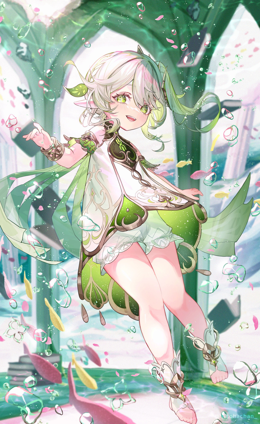 1girl absurdres artist_name bare_shoulders bloomers blush book book_stack bracelet braid cape detached_sleeves dress fish floor flower-shaped_pupils flying full_body gem genshin_impact gold_bracelet gold_trim gradient_hair green_cape green_dress green_eyes green_gemstone green_hair hair_between_eyes hair_ornament hand_up highres hitohachan jewelry leaf leaf_hair_ornament long_hair looking_at_viewer multicolored_hair nahida_(genshin_impact) pointy_ears ponytail short_sleeves side_ponytail sidelocks smile solo stirrup_footwear symbol-shaped_pupils teeth toeless_footwear tongue two-sided_dress two-sided_fabric underwater water_drop white_bloomers white_dress white_footwear white_hair