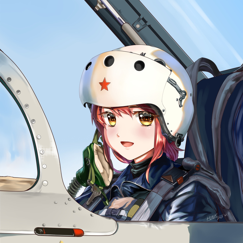 1girl absurdres aircraft airplane close-up fighter_jet helmet highres hunk03 j-7 jet looking_at_viewer mask military_vehicle open_cockpit oxygen_mask people's_liberation_army people's_liberation_army_air_force pilot pilot_helmet pilot_suit red_star redhead sidelocks solo star_(symbol) unworn_mask upper_body war_thunder yellow_eyes