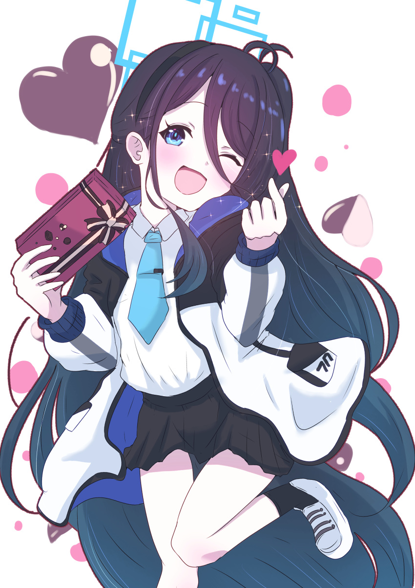 1girl absurdly_long_hair absurdres aris_(blue_archive) black_hair black_hairband black_skirt black_socks blue_archive blue_eyes blue_necktie blush box candy chocolate collared_shirt food foot_out_of_frame gift gift_box giorgio_(yo_sumire_sola1) hairband heart heart-shaped_chocolate highres holding holding_gift jacket long_hair long_sleeves looking_at_viewer necktie one_eye_closed one_side_up open_clothes open_jacket open_mouth pleated_skirt shirt shoes simple_background skirt smile socks solo very_long_hair white_background white_footwear white_jacket white_shirt