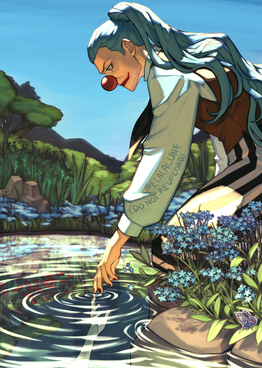 1boy blue_eyes blue_flower blue_hair blue_sky brown_vest bug buggy_the_clown butterfly clown_nose day elalalune flower forget-me-not_(flower) highres kneeling leaf long_hair looking_down makeup male_focus nature one_piece outdoors pants ponytail puffy_sleeves river shirt sky striped_clothes striped_pants vest white_shirt