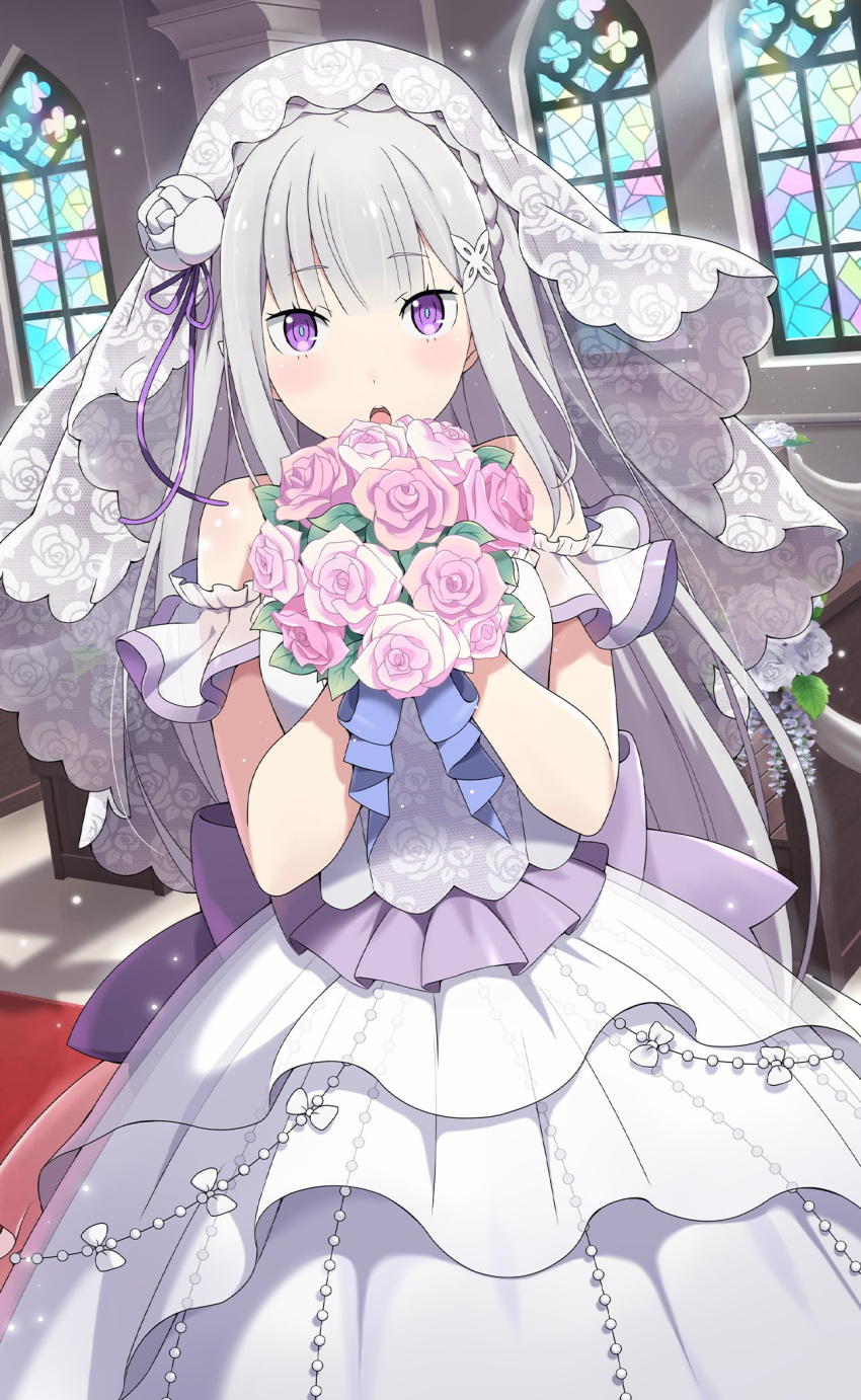 1girl bare_shoulders blush dress emilia_(re:zero) flower grey_hair hair_flower hair_ornament highres holding long_hair looking_at_viewer official_art open_mouth pointy_ears re:zero_kara_hajimeru_isekai_seikatsu re:zero_kara_hajimeru_isekai_seikatsu:_lost_in_memories ribbon sleeveless solo white_dress white_flower white_hair x_hair_ornament