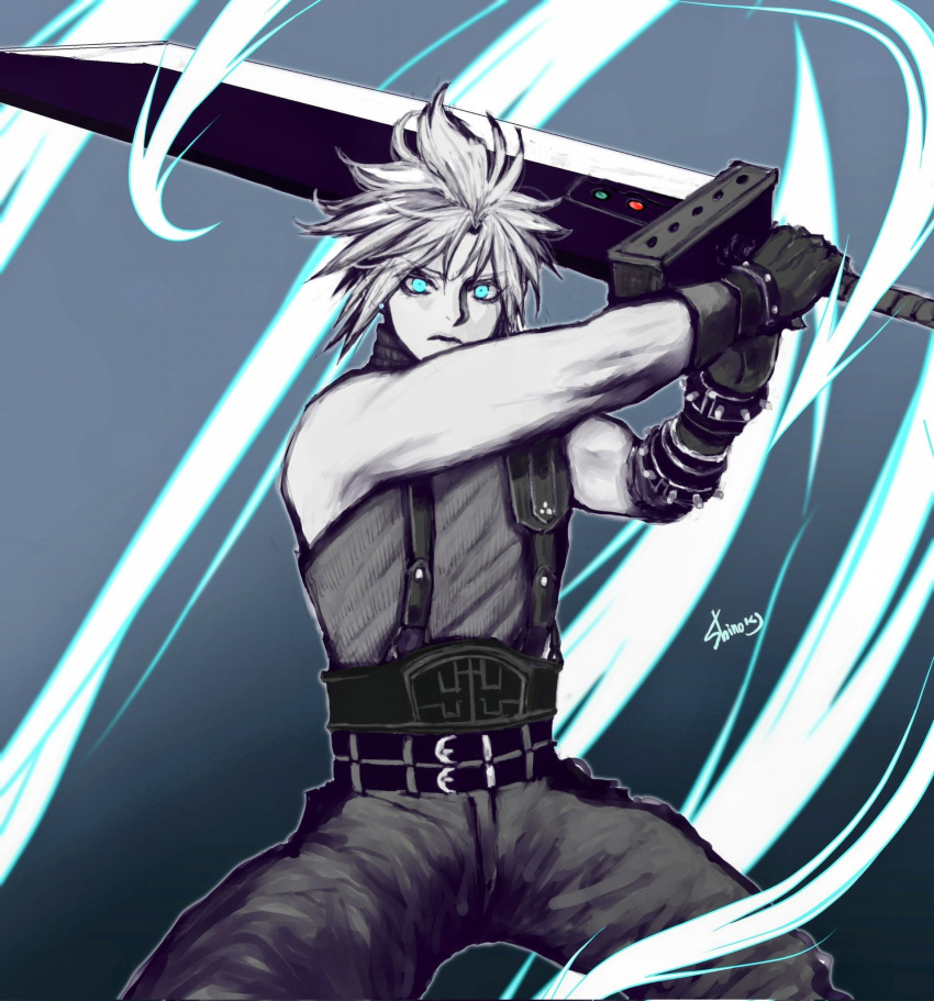 1boy baggy_pants bare_shoulders belt black_gloves blue_eyes buster_sword closed_mouth cloud_strife commentary cowboy_shot fighting_stance final_fantasy final_fantasy_vii final_fantasy_vii_remake gloves glowing glowing_eyes hands_up highres holding holding_sword holding_weapon huge_weapon looking_at_viewer male_focus materia multiple_belts pants serious shinogu_r short_hair signature sleeveless sleeveless_turtleneck solo spiky_hair suspenders sweater sword turtleneck turtleneck_sweater weapon