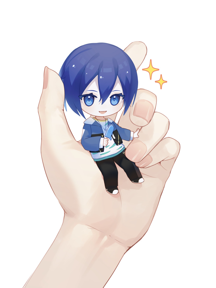1boy 1other absurdres blue_eyes blue_hair chibi commentary cropped_arm dripping food full_body hair_between_eyes highres holding holding_food ice_cream jacket jewelry kaito_(vocaloid) male_focus mini_person miniboy necklace open_clothes open_jacket pale_skin pants project_sekai shirt shoes short_hair simple_background sitting smile sparkle t-shirt vocaloid white_background yunpianer