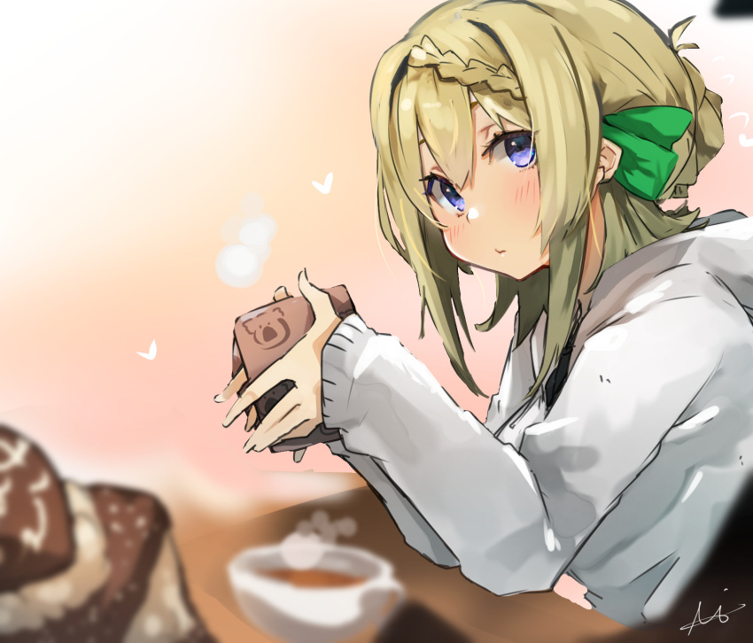 1girl blonde_hair blush braid braided_bangs braided_bun chocolate closed_mouth cup green_ribbon hair_between_eyes hair_bun hair_ribbon highres holding hood hooded_jacket jacket kantai_collection long_sleeves looking_at_viewer perth_(kancolle) ribbon signature simple_background solo steam sunday_aki upper_body violet_eyes white_jacket