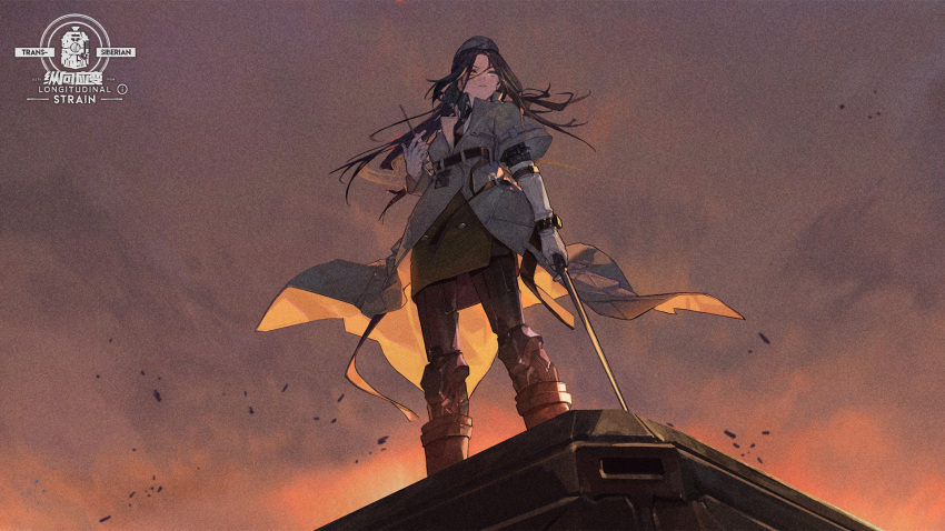 1girl ar-18_(girls'_frontline) artist_request black_hair black_necktie boots chinese_commentary closed_mouth coat commentary_request debris dusk from_below girls_frontline gloves grey_coat hat highres holding holding_sword holding_walkie-talkie holding_weapon jacket long_hair long_sleeves looking_ahead necktie official_art on_vehicle saber_(weapon) serious shirt short_sleeves solo sword third-party_source train walkie-talkie watch watch weapon white_gloves white_shirt