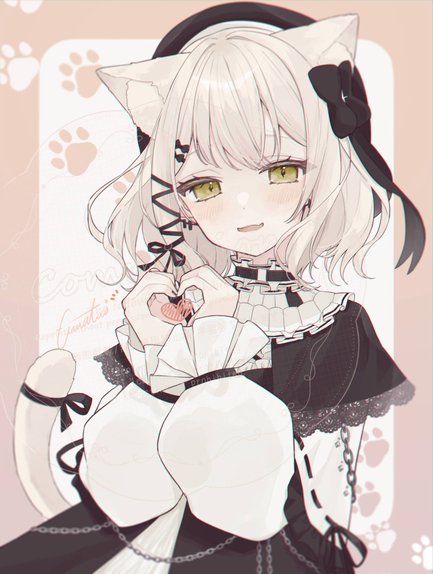 1girl :d animal_ear_fluff animal_ears beret black_bow black_capelet black_dress black_headwear black_ribbon blush border bow capelet cat_ears cat_girl cat_tail commission cowboy_shot dot_nose dress earrings frilled_capelet frilled_shirt frills fuwa_toco grey_hair hair_bow hair_ribbon hat highres jewelry long_bangs long_hair long_sleeves neck_garter open_mouth original outside_border paw_print pink_border puffy_long_sleeves puffy_sleeves ribbon shirt signature simple_background skeb_commission smile solo tail watermark white_background white_shirt yellow_eyes