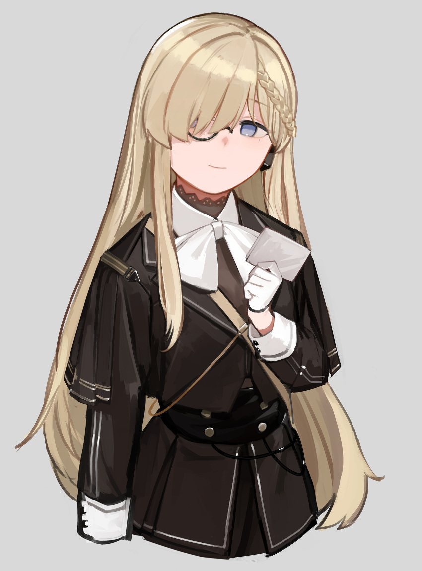 1girl black_jacket blonde_hair blue_eyes braid closed_mouth cropped_torso cz52_(girls'_frontline) french_braid girls_frontline gloves grey_background hair_over_eyes highres holding holding_paper jacket long_hair long_sleeves monocle one_eye_covered paper rampart1028 sleeve_cuffs smile solo white_gloves
