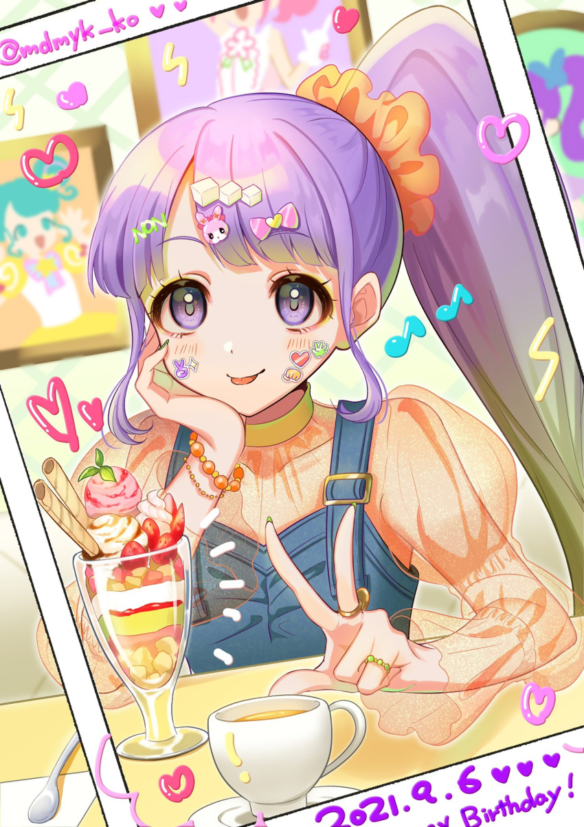 1girl blunt_bangs bracelet character_hair_ornament cup hair_ornament hair_scrunchie hand_on_own_cheek hand_on_own_face happy_birthday highres indoors jewelry juliet_sleeves junon_(pripara) kanon_(pripara) long_hair long_sleeves looking_at_viewer manaka_non mendamen nail_polish orange_shirt parfait picture_frame pinon_(pripara) polaroid portrait_(object) pretty_series pripara puffy_sleeves purple_hair ring scrunchie see-through see-through_shirt shirt side_ponytail smile solo spoon sticker_on_face tongue tongue_out twitter_username upper_body usacha violet_eyes w