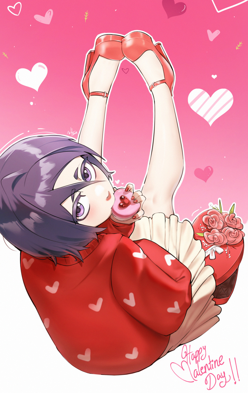 1girl absurdres bleach box chocolate eating from_above gift hair_between_eyes happy_valentine heart heart-shaped_box heart_background heart_print highres kuchiki_rukia looking_at_viewer purple_hair red_footwear skirt strappy_heels valentine violet_eyes waligner white_skirt