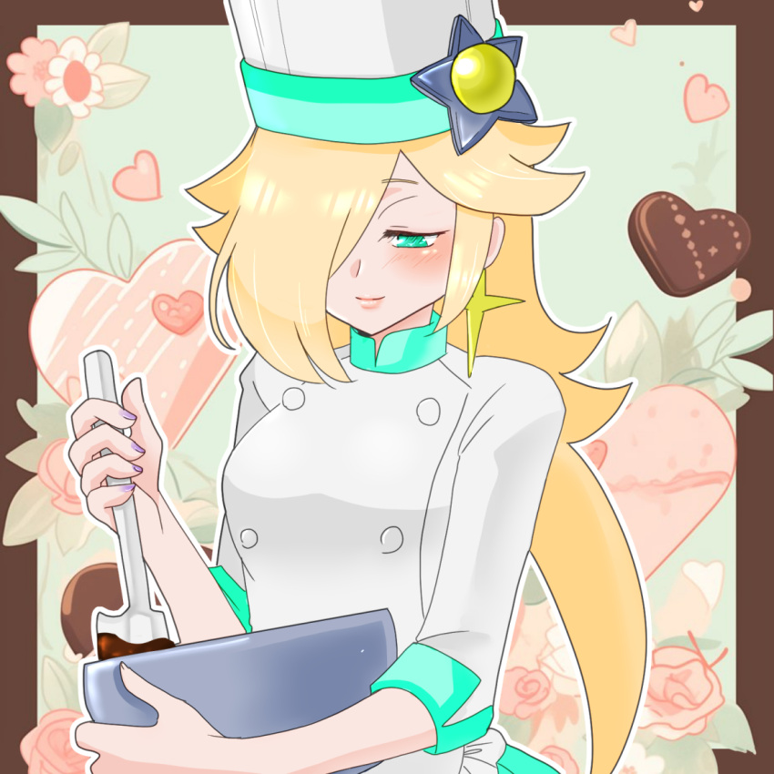 1girl akira_(cute_camellia) blonde_hair blue_eyes bowl candy chef_hat chocolate chocolate_making closed_mouth earrings flower food hair_over_one_eye hat heart heart-shaped_chocolate holding holding_bowl jewelry long_bangs long_hair looking_down mario_kart mario_kart_tour mixing_bowl official_alternate_costume purple_nails rosalina rosalina_(chef) sleeves_past_elbows solo star_(symbol) star_earrings super_mario_bros. upper_body white_headwear