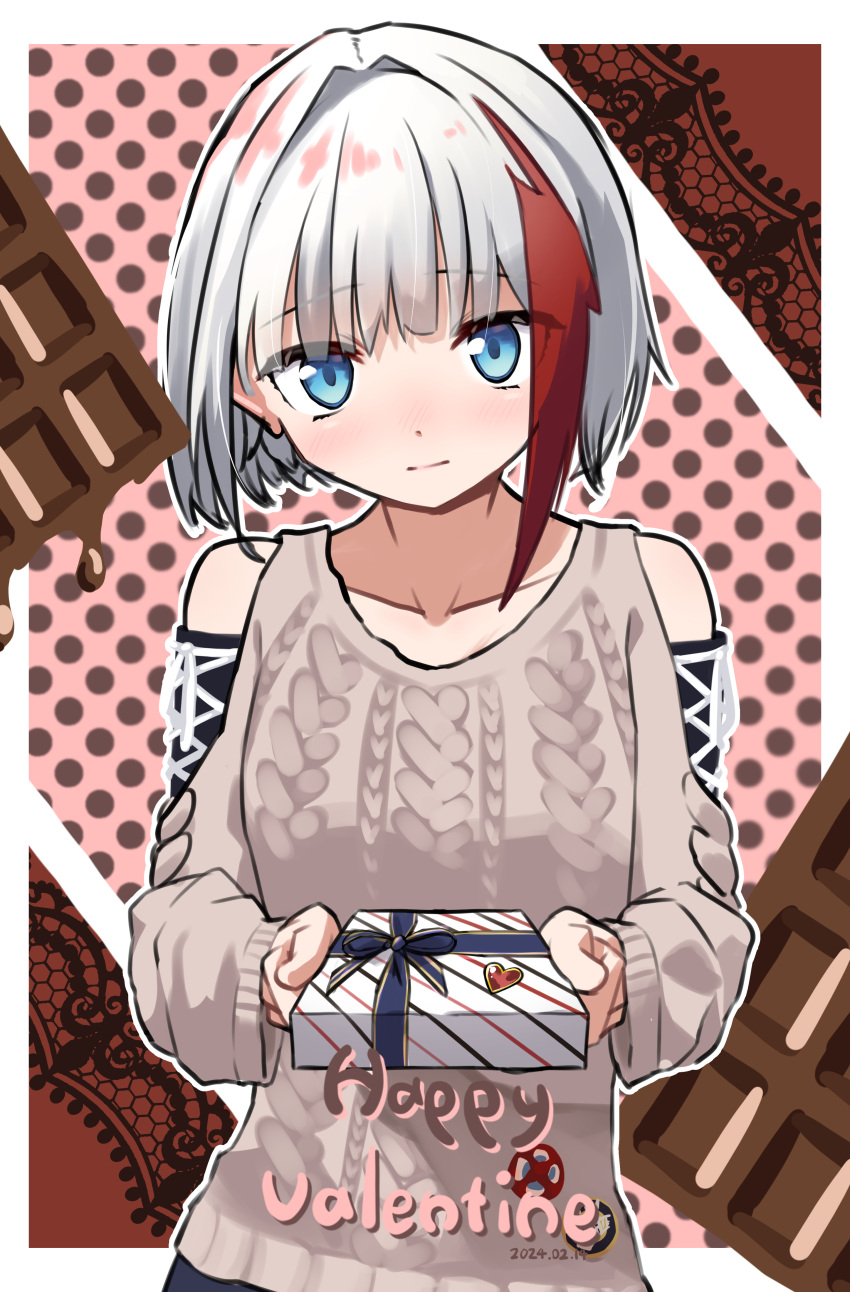 1girl absurdres admiral_graf_spee_(azur_lane) admiral_graf_spee_(peaceful_daily_life)_(azur_lane) azur_lane bare_shoulders blue_eyes blush chocolate commentary_request english_text gift hands_up happy_valentine heart highres holding holding_gift incoming_gift medium_hair multicolored_hair nervous polka_dot polka_dot_background poporoporoporo redhead solo staring streaked_hair sweater two-tone_hair valentine white_hair