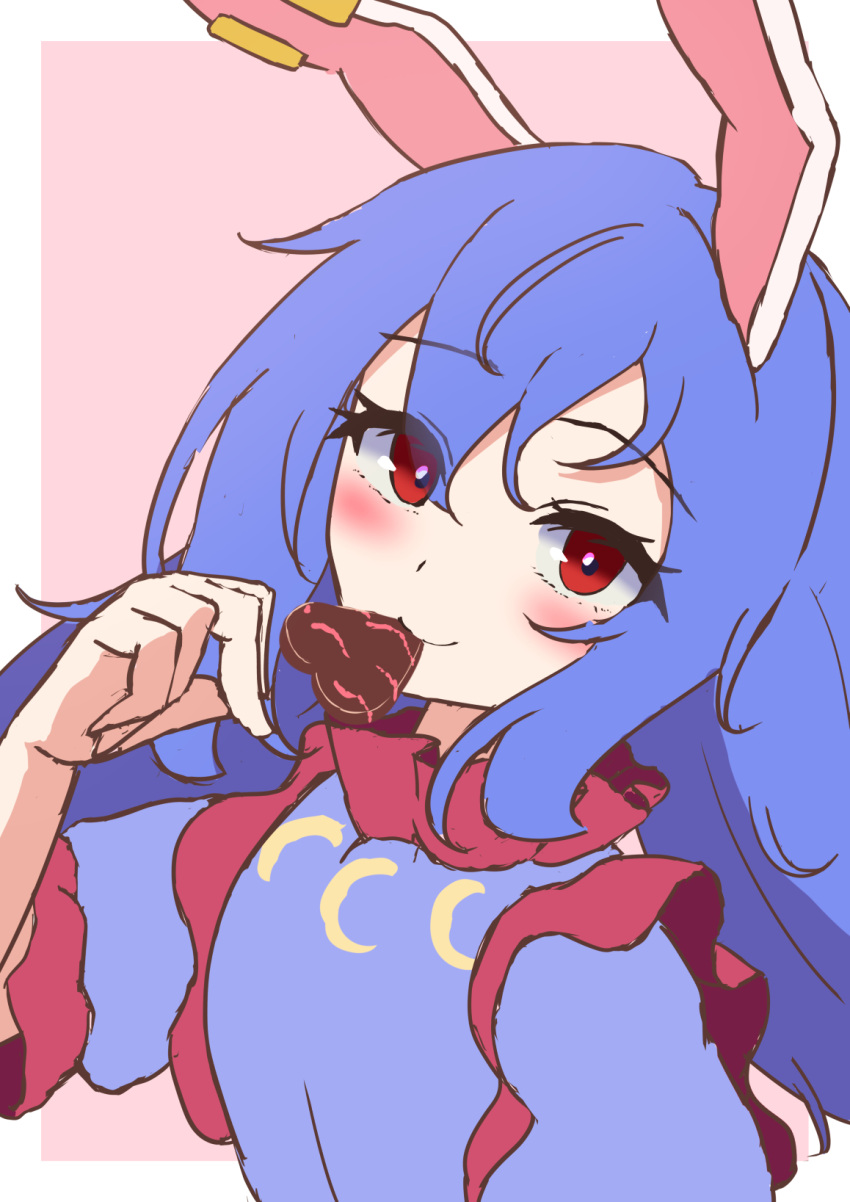 1girl animal_ears blue_dress blue_hair blush chocolate commentary dress earclip food_in_mouth highres long_hair looking_at_viewer mizunisabano moon_print rabbit_ears red_eyes seiran_(touhou) short_sleeves smile solo symbol-only_commentary touhou
