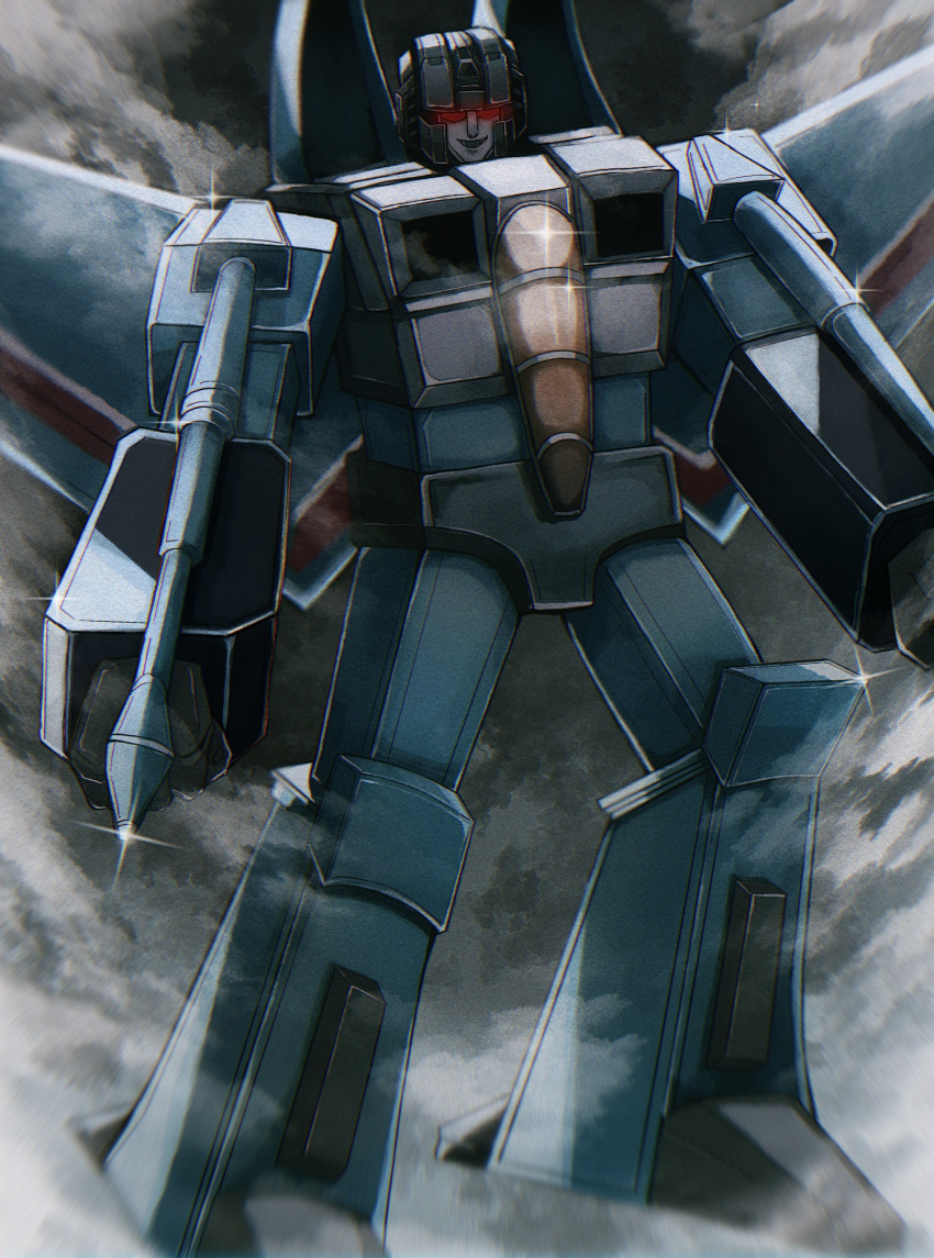 absurdres arm_cannon clenched_hands clouds decepticon flying glint glowing glowing_eyes highres looking_down mecha nakai111 no_humans red_eyes robot thundercracker transformers transformers:_generation_1 weapon