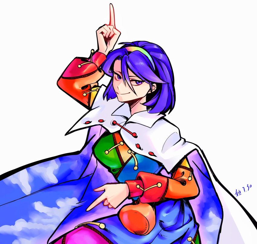 1girl arm_up blue_hair breasts cape chinese_commentary closed_mouth commentary_request cowboy_shot dated hair_between_eyes hairband heng_(heng798616) highres long_sleeves medium_breasts multicolored_hairband short_hair simple_background smile solo tenkyuu_chimata touhou two-sided_cape two-sided_fabric violet_eyes white_background white_cape