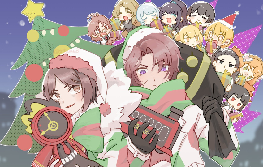 6+boys 6+girls alternate_skin_color asage_(attyuuu3) bow bowtie brown_eyes brown_hair character_doll christmas_tree closed_mouth dante_(limbus_company) don_quixote_(project_moon) e.g.o_(project_moon) faust_(project_moon) green_bow green_bowtie green_scarf gregor_(project_moon) hat heathcliff_(project_moon) highres holding holding_toy hong_lu_(project_moon) ishmael_(project_moon) limbus_company mephistopheles_(project_moon) meursault_(project_moon) multiple_boys multiple_girls outis_(project_moon) parted_bangs parted_lips project_moon rodion_(project_moon) ryoshu_(project_moon) scar scar_on_face scarf sinclair_(project_moon) smile sweater toy toy_train violet_eyes white_headwear white_sweater yi_sang_(project_moon)