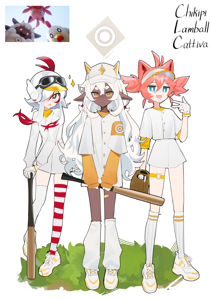 3girls :d absurdres animal_ears antenna_hair asymmetrical_legwear baseball_bat baseball_cap baseball_helmet baseball_mitt baseball_uniform black_eyes blue_eyes bright_pupils cat_ears cat_girl cattiva character_name chikipi closed_mouth dark-skinned_female dark_skin fang gloves goggles goggles_on_headwear hair_over_one_eye hat helmet highres holding holding_baseball_bat horns horns_through_headwear lamball long_hair long_sleeves loose_socks mismatched_legwear multicolored_hair multiple_girls o-ring o-ring_thigh_strap open_mouth palworld personification pink_hair redhead reference_inset reiko_lape sheep_ears sheep_girl sheep_horns shirt shoelaces shoes short_hair short_twintails shorts skin_fang smile socks sparkle sportswear standing striped_clothes striped_thighhighs thigh-highs thigh_strap twintails two-tone_footwear two-tone_hair very_long_hair visor_cap white_footwear white_gloves white_hair white_pupils white_shirt white_shorts white_socks white_thighhighs winged_helmet yellow_eyes yellow_footwear yellow_horns