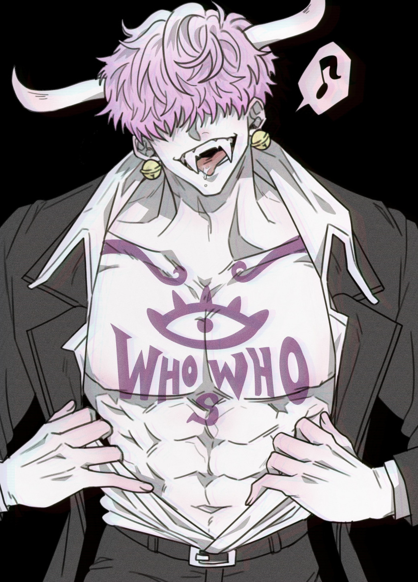 1boy abs absurdres claws dd_whitt earrings fangs fangs_out hair_over_eyes highres horns jewelry looking_at_viewer male_focus one_piece open_mouth simple_background smile solo teeth topless_male who's_who_(one_piece)