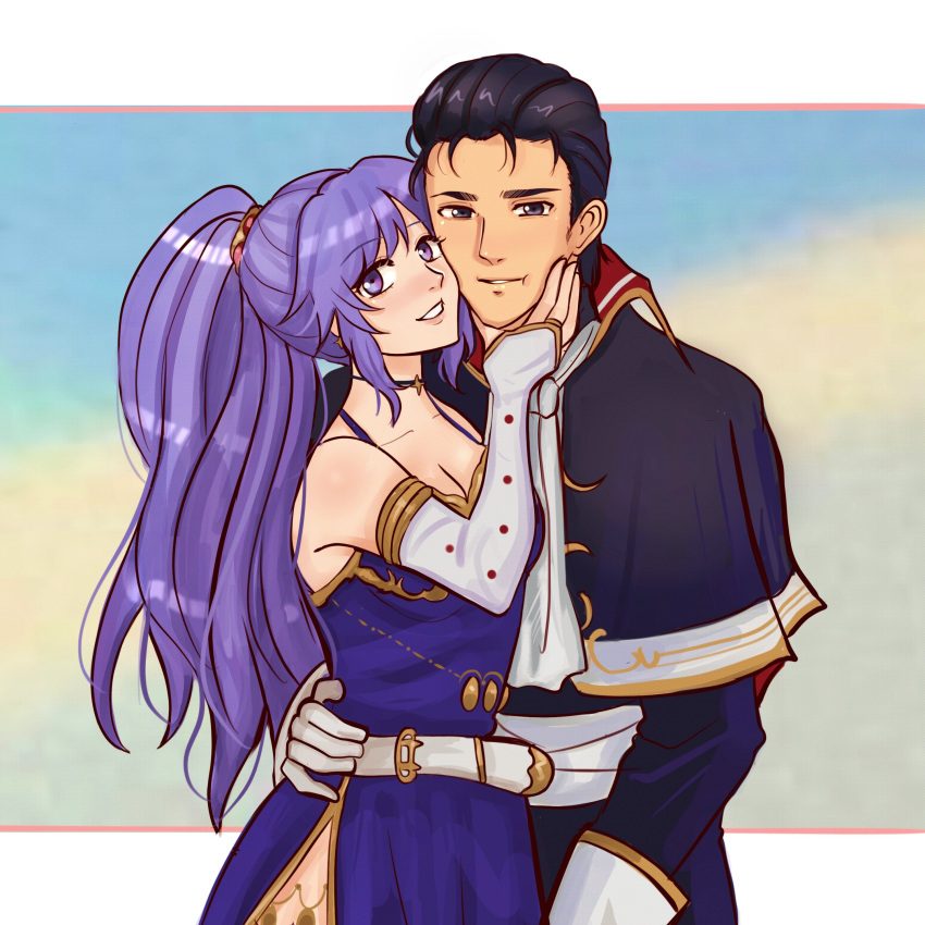 1boy 1girl absurdres belt black_hair capelet cheek-to-cheek commission commissioner_upload couple fire_emblem fire_emblem:_genealogy_of_the_holy_war fire_emblem:_thracia_776 hand_on_another's_waist heads_together highres hunnymzdraws ishtar_(fire_emblem) purple_hair reinhardt_(fire_emblem) smile violet_eyes