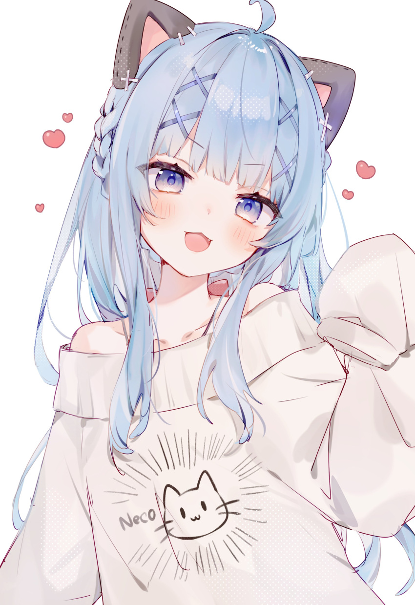 1227ree 1girl :d absurdres ahoge animal_ears arm_at_side bare_shoulders blue_eyes blue_hair blush bow braid cat_ears collarbone emphasis_lines fake_animal_ears hair_bow hair_intakes head_tilt heart highres iriam lapis_live long_bangs long_hair long_sleeves looking_at_viewer off-shoulder_shirt off_shoulder open_mouth print_shirt raised_eyebrows red_bow shirt sidelocks simple_background sleeves_past_fingers sleeves_past_wrists smile solo upper_body virtual_youtuber white_background