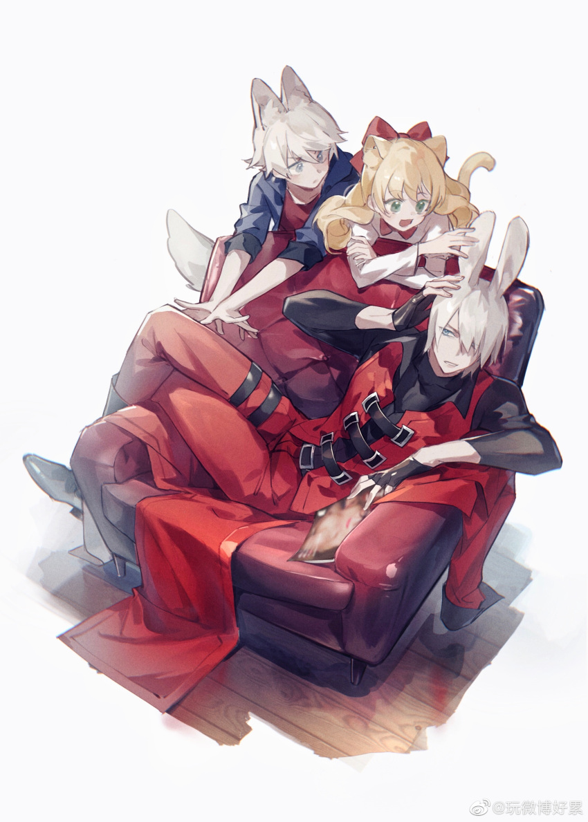 1girl absurdres aged_down animal_ear_fluff animal_ears bishounen blonde_hair blue_eyes bow cat_ears cat_girl closed_mouth coat dante_(devil_may_cry) devil_may_cry_(anime) devil_may_cry_(series) dress e_(h798602056) fingerless_gloves fox_boy fox_ears gloves green_eyes hair_over_one_eye highres holding long_hair male_focus multiple_boys nero_(devil_may_cry) open_mouth patty_lowell rabbit_boy rabbit_ears red_coat simple_background smile solo uncle_and_nephew white_hair