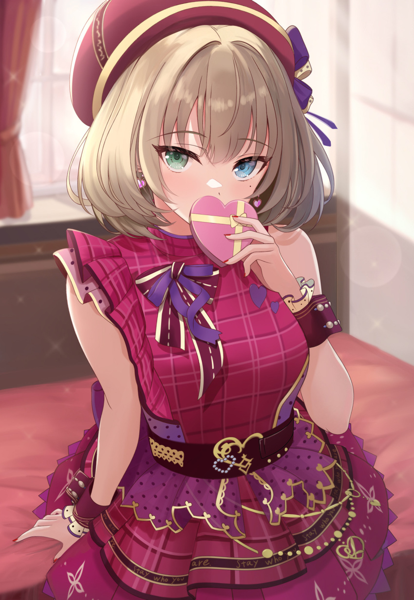 1girl bare_shoulders blue_eyes blush box breasts brown_hair candy checkered_clothes chocolate commentary dress food frilled_dress frills green_eyes heart heart-shaped_box heart-shaped_chocolate heterochromia highres idolmaster idolmaster_cinderella_girls kirifrog looking_at_viewer medium_breasts mole mole_under_eye red_dress red_headwear red_ribbon ribbon short_hair sitting solo takagaki_kaede valentine