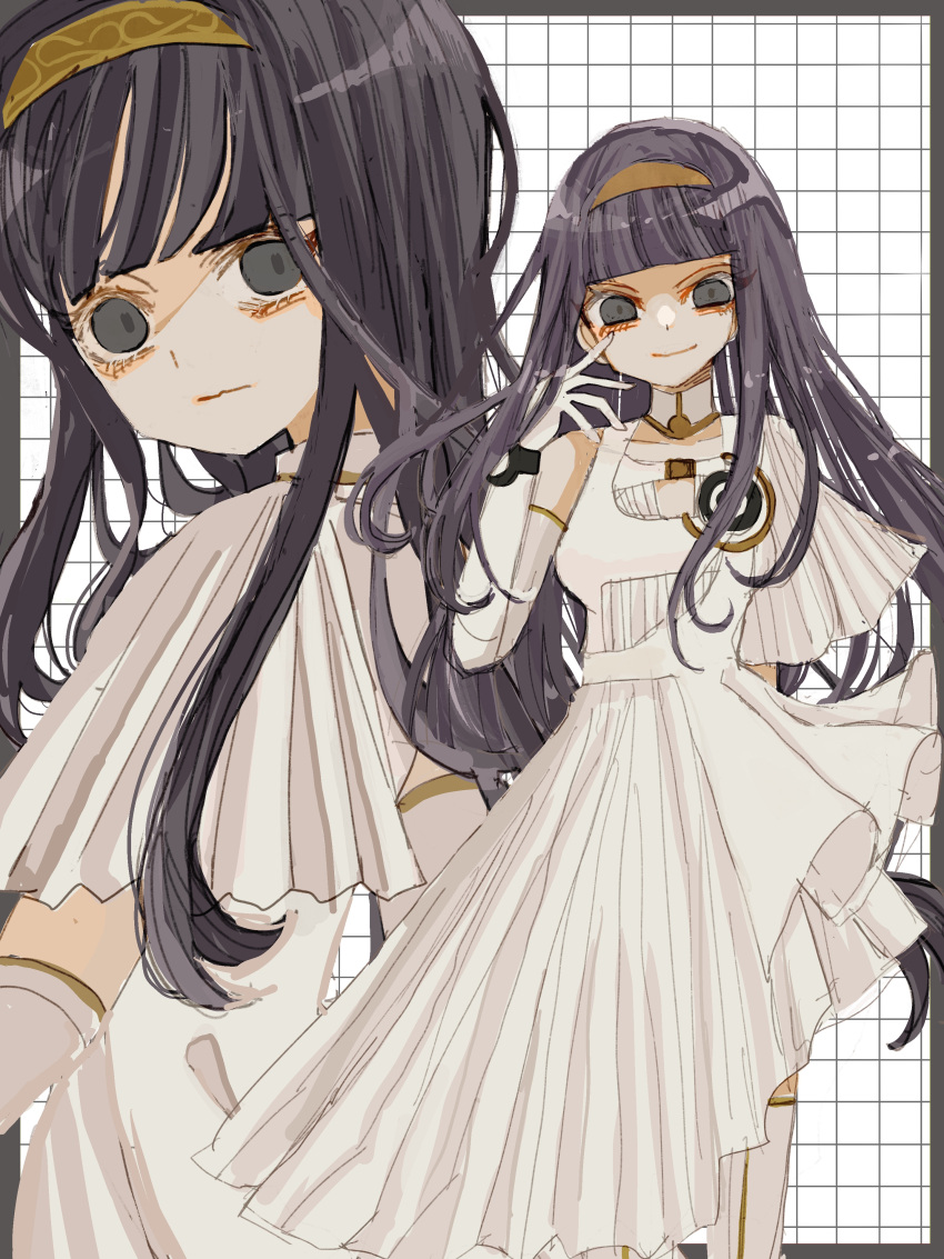 1girl absurdres artist_name black_eyes black_hair blunt_bangs closed_mouth detached_collar_removed dress dual_persona eyelashes gloves gnosia hairband han_(hn-khk) highres hime_cut long_hair looking_at_viewer simple_background smile solo straight_hair white_background white_dress white_gloves yuriko_(gnosia)