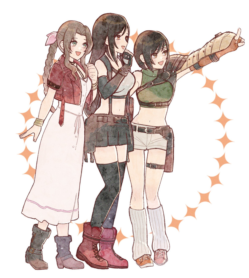 3girls aerith_gainsborough armor bangle bare_shoulders black_bra black_gloves black_hair black_skirt black_thighhighs boots bra bracelet breasts brown_eyes brown_footwear brown_hair chest_strap choker crop_top cropped_jacket dress elbow_gloves final_fantasy final_fantasy_vii final_fantasy_vii_rebirth final_fantasy_vii_remake fingerless_gloves full_body gloves green_eyes green_skirt grey_shorts hair_ribbon hand_on_own_chest hand_to_own_mouth headband highres jacket jewelry large_breasts long_dress long_hair looking_to_the_side loose_socks medium_breasts midriff miniskirt multiple_girls navel open_mouth orange_footwear orange_gloves outstretched_arm parted_bangs pink_dress pink_ribbon pointing red_footwear red_jacket rena_s1226 ribbon ribbon_choker shirt shoes short_hair short_shorts short_sleeves shorts shoulder_armor sidelocks single_bare_shoulder single_shoulder_pad skirt sleeveless sleeveless_shirt sleeveless_turtleneck smile sneakers socks sports_bra suspenders thigh-highs thigh_strap tifa_lockhart turtleneck underwear wavy_hair white_shirt yuffie_kisaragi