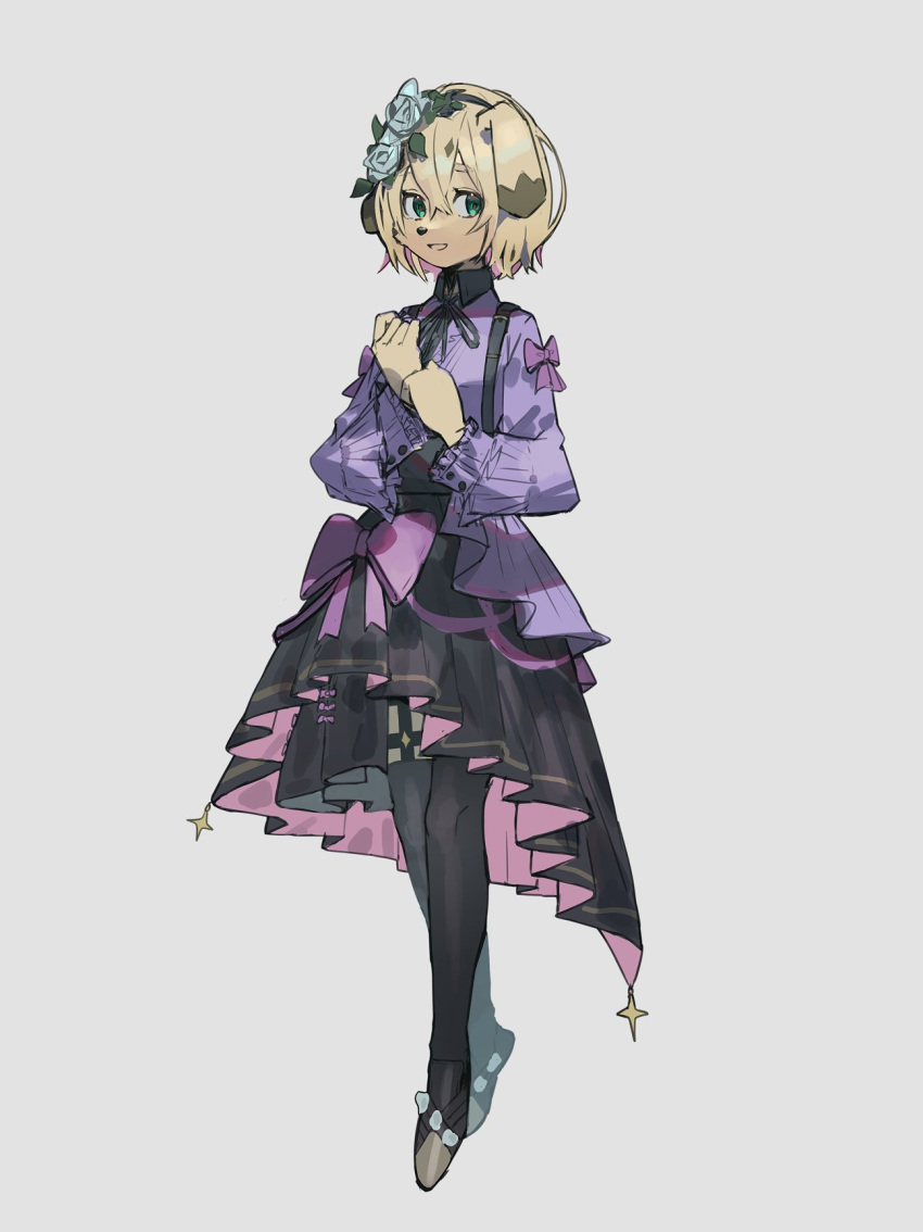 1girl animal_ears animal_nose another_eidos-r black_dress black_footwear black_ribbon black_thighhighs blonde_hair blue_flower blue_rose body_fur bow collared_shirt commentary crossed_bangs dog_ears dog_girl dress elaine_(another_eidos) flat_chest flower frilled_shirt frilled_sleeves frills full_body furry furry_female garter_straps green_eyes grey_background hair_between_eyes hair_flower hair_ornament hands_up happy highres layered_dress legs_together long_sleeves looking_to_the_side neck_ribbon neumo open_mouth own_hands_together pinafore_dress pink_bow purple_bow purple_shirt ribbon rose shirt shoes short_hair sidelocks simple_background sleeveless sleeveless_dress smile solo standing thigh-highs two-sided_dress two-sided_fabric yellow_fur
