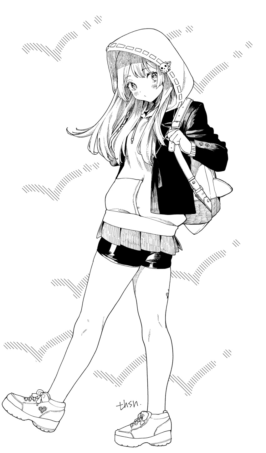 1girl bike_shorts blush closed_mouth full_body greyscale guilty_gear hair_ornament hairclip highres hood hoodie long_hair looking_at_viewer may_(guilty_gear) monochrome murata_tefu shoes skirt skull_hair_ornament sneakers solo white_background