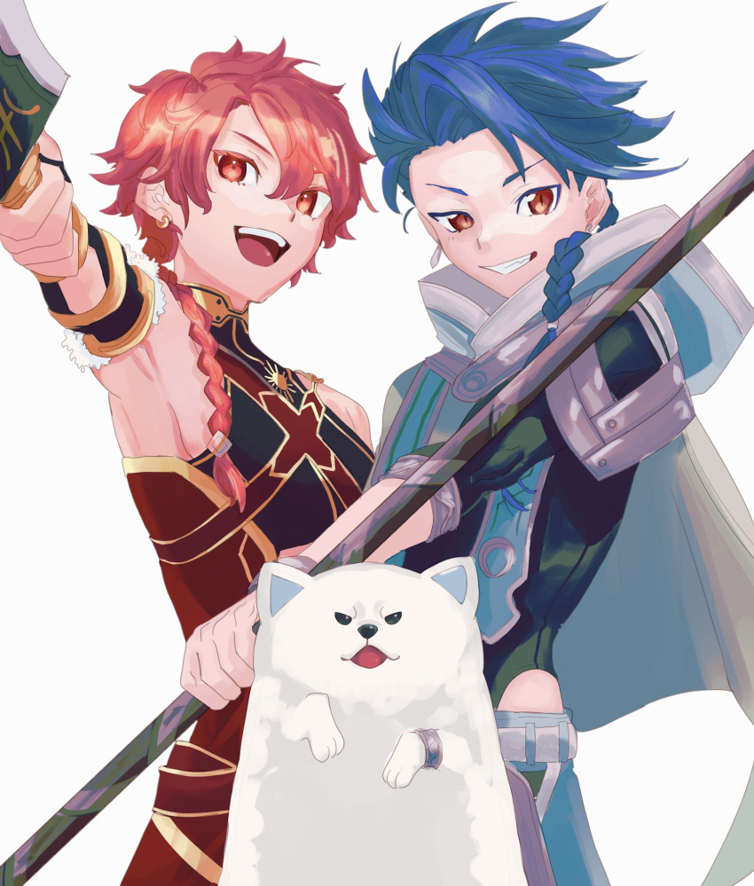 2boys alexander_(fate) armpits blue_hair braid brown_hair cape cu_chulainn_(fate) dog earrings fate/grand_order fate_(series) grin highres holding holding_polearm holding_sword holding_weapon jewelry long_hair male_focus multiple_boys open_mouth polearm redhead setanta_(fate) slit_pupils smile sword tokoni_fusu weapon white_background white_cape white_dog
