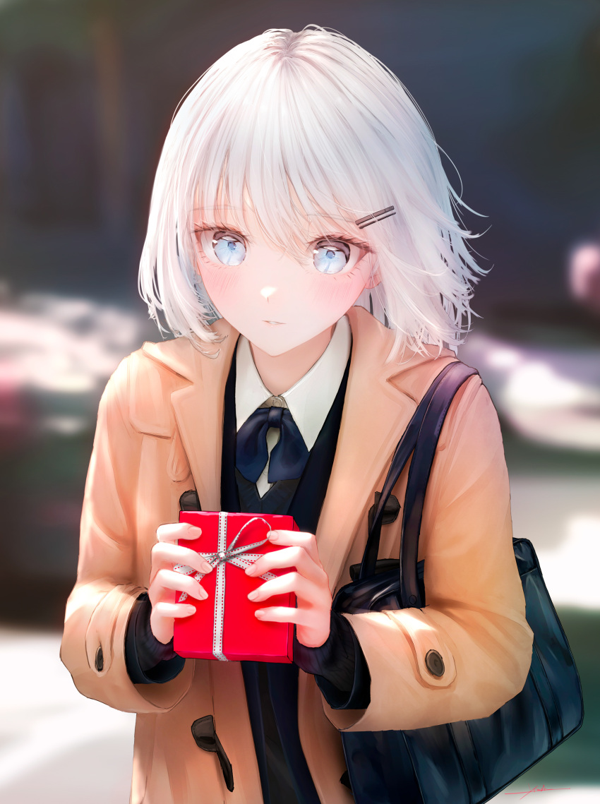 1girl absurdres black_bag blue_eyes blurry blurry_background blush box brown_coat coat collared_shirt commentary_request hair_ornament hairclip highres holding holding_box looking_at_viewer ojay_tkym open_clothes open_coat original parted_lips shirt short_hair solo upper_body valentine white_hair white_shirt