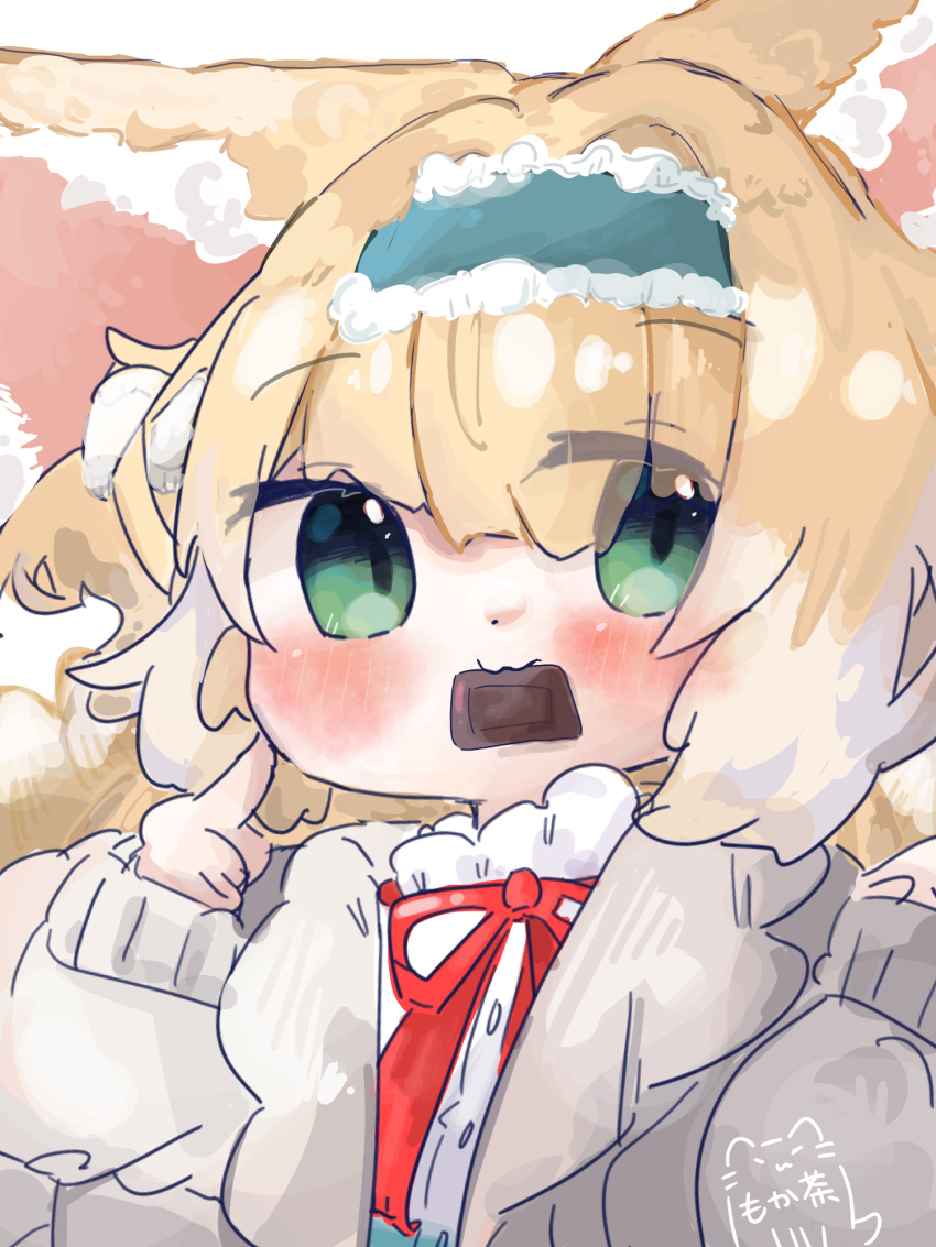 1girl :3 animal_ears arknights blonde_hair blue_hairband blush cardigan chocolate commentary_request fox_ears fox_girl frilled_hairband frills green_eyes grey_cardigan hairband highres long_sleeves mokoo_rokoo mouth_hold official_alternate_costume red_ribbon ribbon shirt signature solo suzuran_(arknights) suzuran_(spring_praise)_(arknights) valentine white_shirt