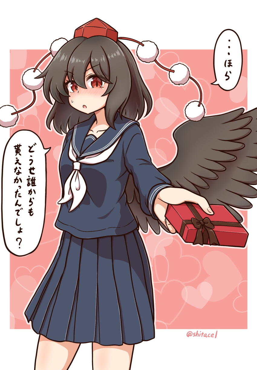 1girl alternate_costume bird_wings black_hair black_wings blue_sailor_collar blue_skirt blush chocolate commentary_request food hat heart highres holding holding_chocolate holding_food long_hair long_sleeves looking_at_viewer open_mouth pleated_skirt pom_pom_(clothes) red_eyes red_headwear sailor_collar school_uniform shameimaru_aya shitacemayo skirt skirt_set slit_pupils sweatdrop tokin_hat touhou twitter_username valentine wings