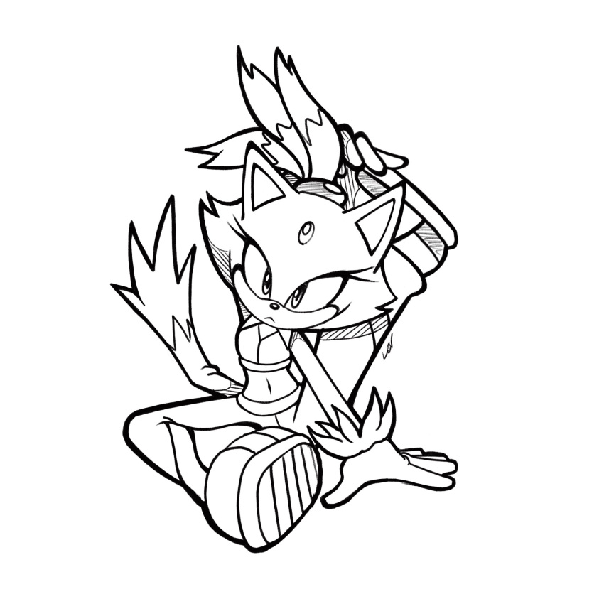 1girl animal_ears blaze_the_cat cat_ears cat_girl cat_tail forehead_jewel fur-trimmed_gloves fur_trim furry furry_female gloves highres lamelev lineart looking_at_viewer monochrome on_floor ponytail serious sonic_(series) sportswear stretching tail