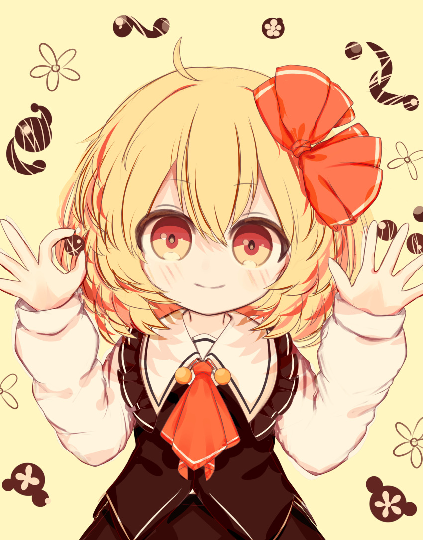 1girl absurdres ahoge ascot blonde_hair chocolate closed_mouth commentary_request food hair_ribbon highres holding holding_chocolate holding_food light_blush long_sleeves looking_at_viewer medium_hair red_ascot red_ribbon ribbon ro.ro rumia smile solo touhou yellow_background yellow_eyes