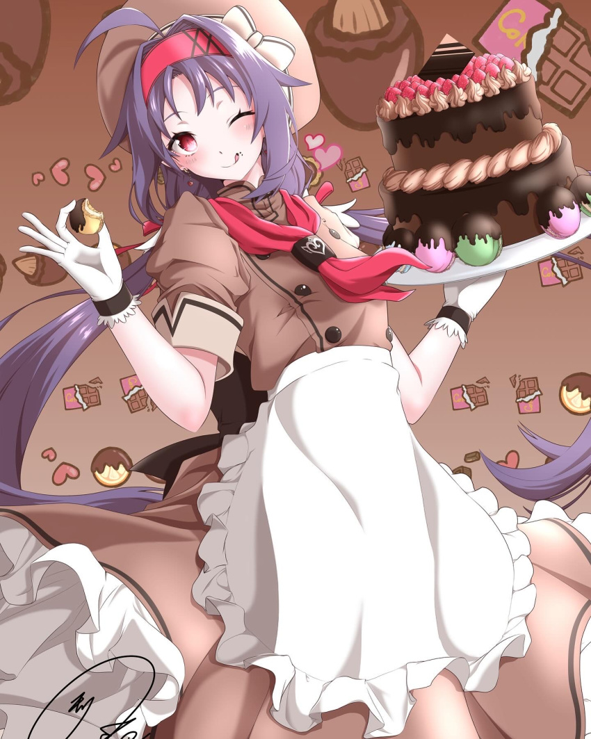 1girl :p ahoge alternate_costume alternate_hairstyle apron brown_background brown_dress brown_headwear cake chocolate chocolate_cake chocolate_on_face dress food food_on_face fruit gloves hairband hat heart highres holding holding_food holding_plate long_hair looking_at_viewer macaron maximum7010 neckerchief one_eye_closed plate purple_hair red_eyes red_hairband red_neckerchief solo strawberry sword_art_online tongue tongue_out twintails valentine very_long_hair waist_apron white_apron white_gloves yuuki_(sao)