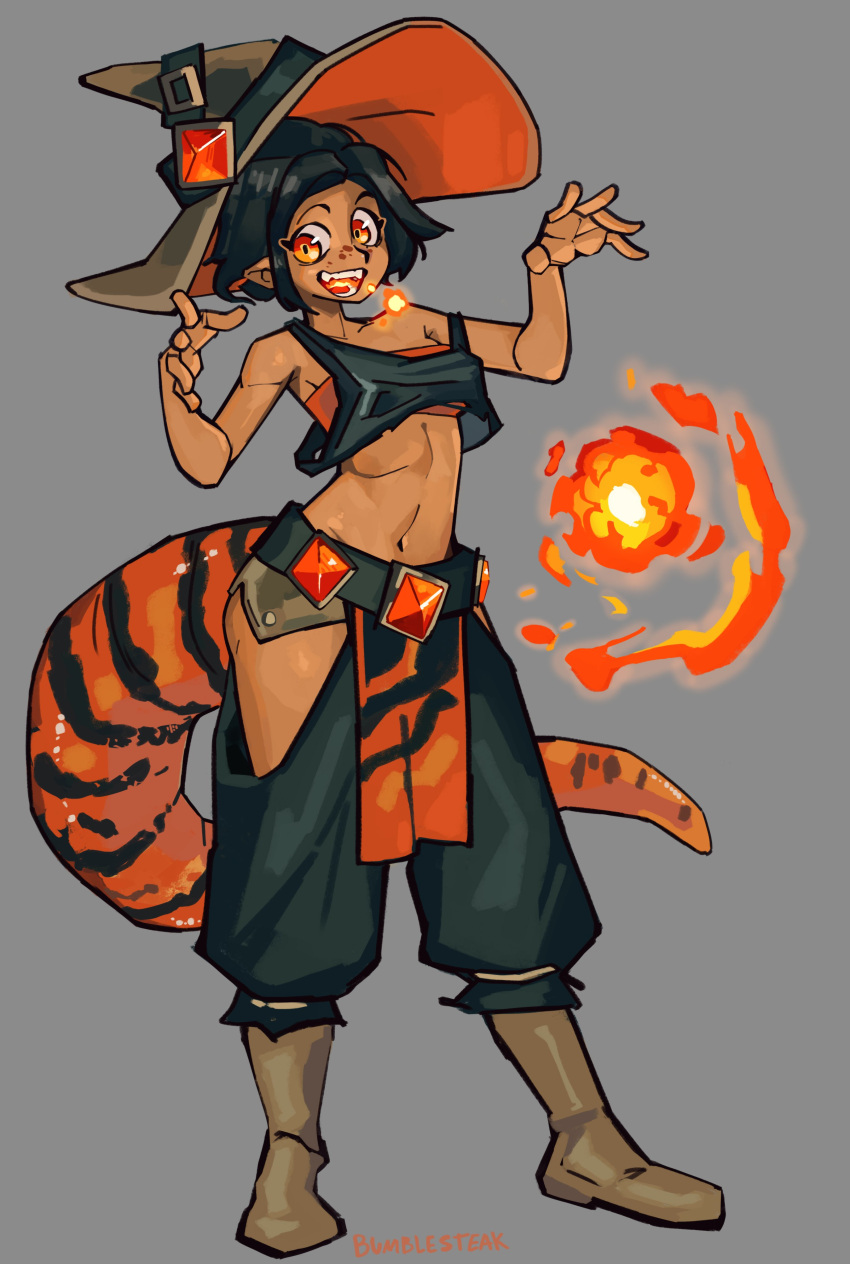 1girl absurdres artist_name bad_link belt black_hair boots breasts bumblesteak fire fireball full_body grey_background hat highres lizard_tail looking_at_viewer nose open_hand orange_eyes original solo standing tail witch_hat