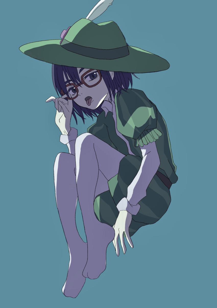 1girl flcl full_body glasses hat highres looking_at_viewer ninamori_eri open_mouth pantyhose purple_hair short_hair simple_background solo