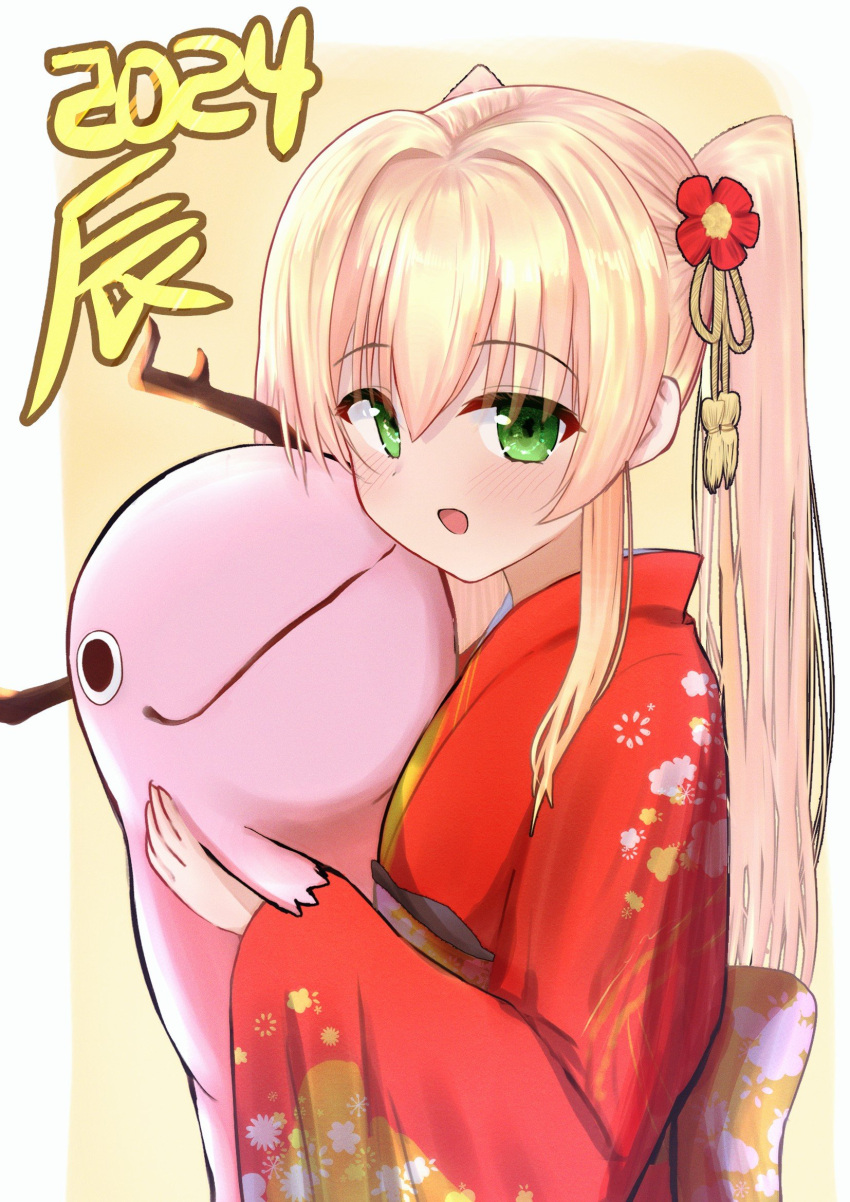 1girl 2024 alternate_costume blonde_hair blush border chinese_zodiac commentary_request dated eyes_visible_through_hair floral_print flower from_side green_eyes hair_between_eyes hair_flower hair_intakes hair_ornament happy highres holding holding_stuffed_toy japanese_clothes kimono kokoroofiscream long_hair long_sleeves looking_at_viewer new_year open_mouth print_kimono red_flower red_kimono sidelocks simple_background smile solo straight_hair stuffed_animal stuffed_dragon stuffed_toy summer_pockets tsumugi_wenders twintails upper_body white_border wide_sleeves year_of_the_dragon yellow_background