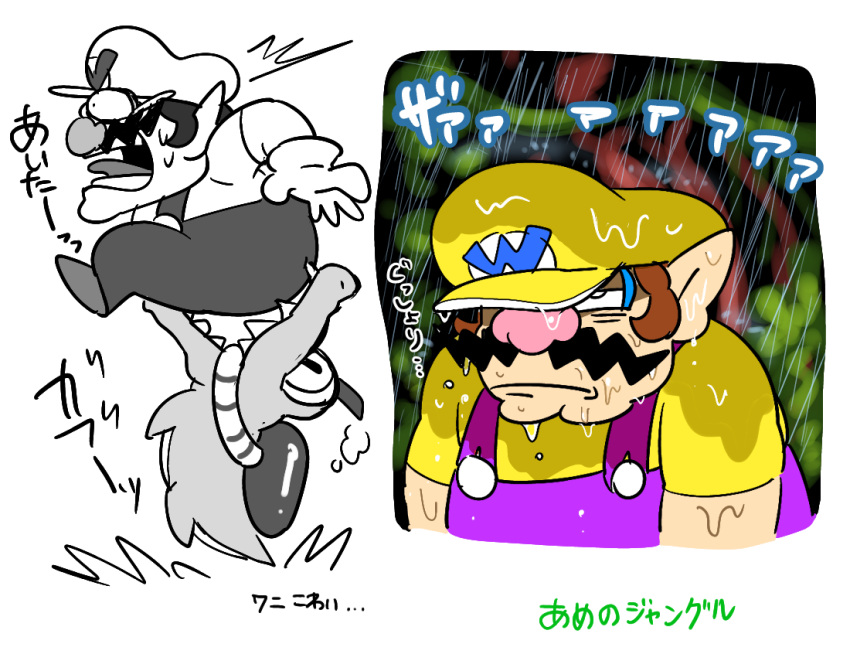 1boy big_nose biting brown_hair commentary_request crocodile crocodilian facial_hair fangs hoshi_(star-name2000) mustache open_mouth overalls pointy_ears purple_overalls rain screaming shirt wario wario_land wario_land_4 wet yellow_headwear yellow_shirt