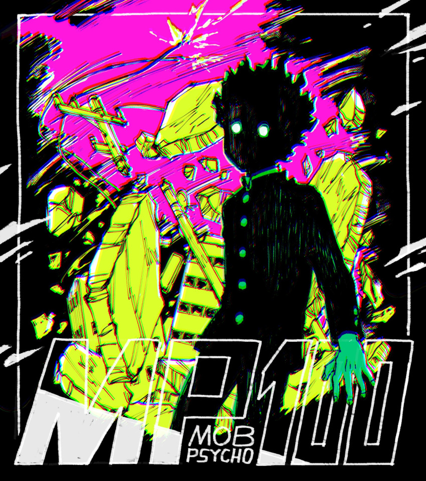 1boy broken_cable building copyright_name destruction eduroku electricity face_in_shadow feet_out_of_frame gakuran glowing glowing_eyes hair_floating_upwards highres kageyama_shigeo kageyama_shigeo_(???) limited_palette long_sleeves looking_at_viewer male_focus mob_psycho_100 power_lines rubble school_uniform short_hair solo tornado utility_pole