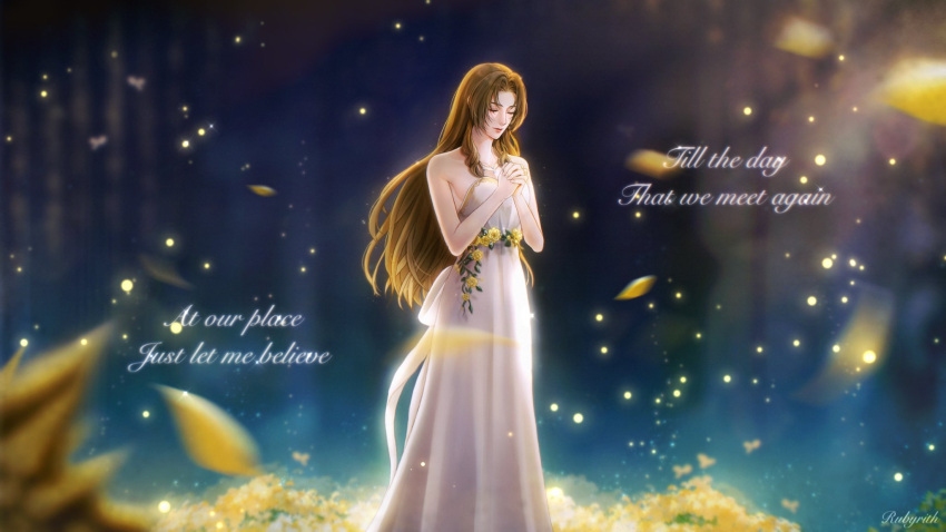1girl aerith_gainsborough aerith_gainsborough_(white_floral_dress) artist_name back_bow bare_arms bare_shoulders blurry blurry_foreground bow breasts brown_hair closed_eyes collarbone dress dress_flower english_text falling_petals feet_out_of_frame final_fantasy final_fantasy_vii final_fantasy_vii_rebirth flower gold_trim highres long_dress long_hair lyrics medium_breasts official_alternate_costume own_hands_clasped own_hands_together parted_bangs petals rose rubyrith sideboob sidelocks solo strapless strapless_dress white_dress yellow_flower yellow_petals yellow_rose