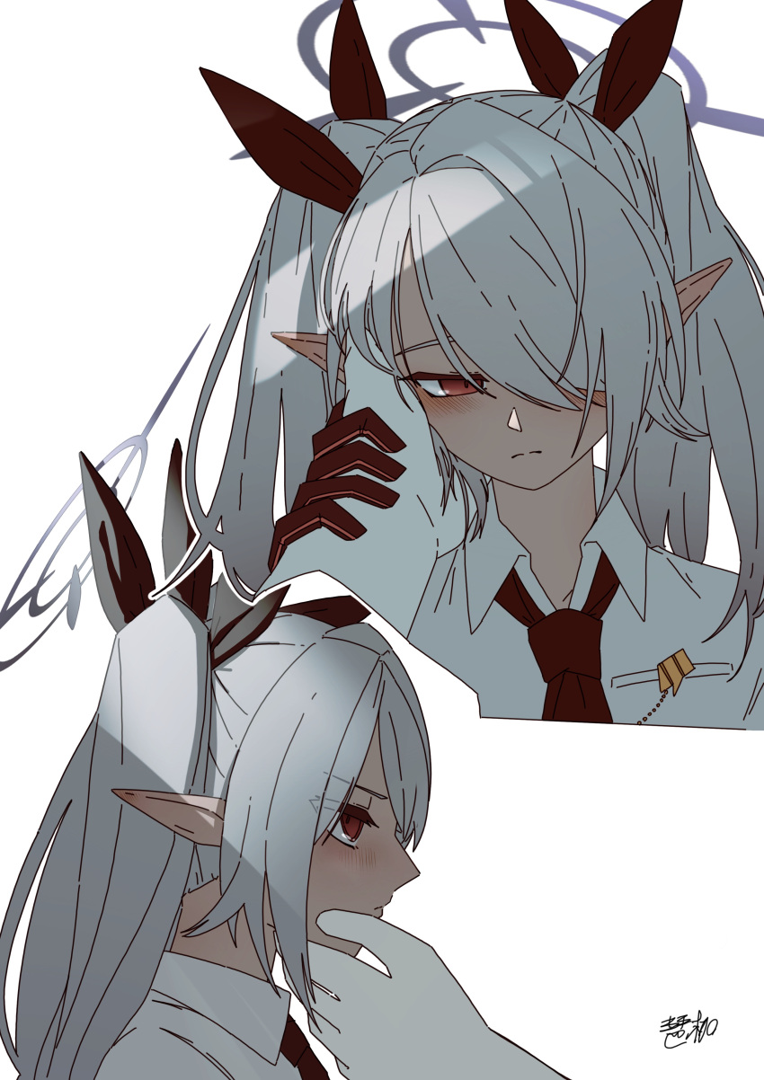 1girl absurdres black_necktie black_ribbon blue_archive blush closed_mouth collared_shirt crack_of_light cropped_torso dark-skinned_female dark_skin disembodied_limb glaring grey_hair hair_over_one_eye hair_ribbon half-closed_eyes halo hand_on_another's_cheek hand_on_another's_face highres holding_another's_wrist iori_(blue_archive) long_hair long_pointy_ears looking_at_another necktie pointy_ears red_eyes ribbon shirt signature simple_background twintails w_wakase white_background white_shirt