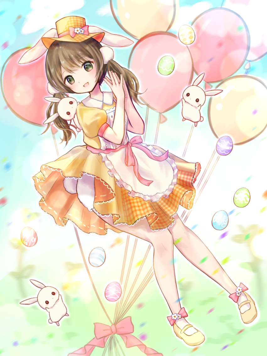 1girl animal animal_ears apron balloon bow brown_hair collared_dress confetti dress easter easter_egg egg fake_animal_ears fake_tail footwear_bow full_body green_eyes hair_ornament hat highres long_hair low_twintails mary_janes open_mouth original own_hands_together pom_pom_(clothes) pom_pom_hair_ornament rabbit rabbit_ears rabbit_tail ribbon shoes short_sleeves smile solo tail temari_latte twintails