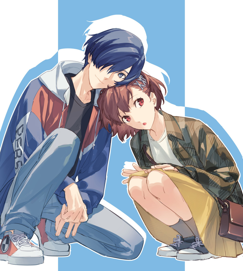1boy 1girl absurdres bag black_shirt blue_eyes blue_hair blue_pants brown_hair commentary hair_ornament hair_over_one_eye hairclip highres jacket long_sleeves open_clothes open_jacket pants parted_lips persona persona_3 persona_3_portable ponytail red_eyes shiomi_kotone shirt shoes simple_background skirt sneakers socks squatting symbol-only_commentary tsubsa_syaoin two-tone_background yellow_skirt yuuki_makoto_(persona_3)
