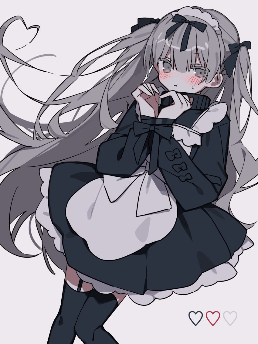 1girl :t absurdres ameno_(motiizamurai) apron black_bow black_jacket black_ribbon black_skirt black_thighhighs blush bow closed_mouth collared_jacket commentary dutch_angle feet_out_of_frame floating_hair frilled_apron frills garter_straps grey_eyes grey_hair hair_between_eyes hair_bow hair_ribbon heart heart_hair heart_hands highres jacket jersey_maid long_hair long_sleeves looking_at_viewer maid maid_headdress original petticoat pleated_skirt pout ribbon sidelocks simple_background skirt solo sweatdrop symbol-only_commentary thigh-highs track_jacket twintails unconventional_maid very_long_hair white_apron white_background