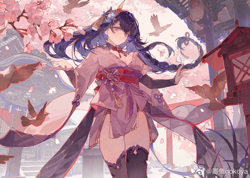1girl architecture arms_up bird blunt_bangs braid cherry_blossoms east_asian_architecture genshin_impact hair_flowing_over hair_ornament hand_up japanese_clothes long_hair looking_at_viewer mitsudomoe_(shape) nokoya outdoors purple_hair raiden_shogun single_braid solo standing thighs tomoe_(symbol) violet_eyes weibo_username
