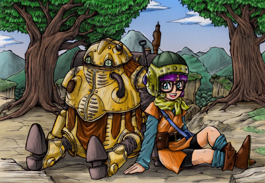 1girl belt bike_shorts blue_eyes chrono_trigger clouds full_body glasses helmet looking_at_viewer lucca_ashtear open_mouth purple_hair robo_(chrono_trigger) robot sagaramiyako scarf short_hair smile tree