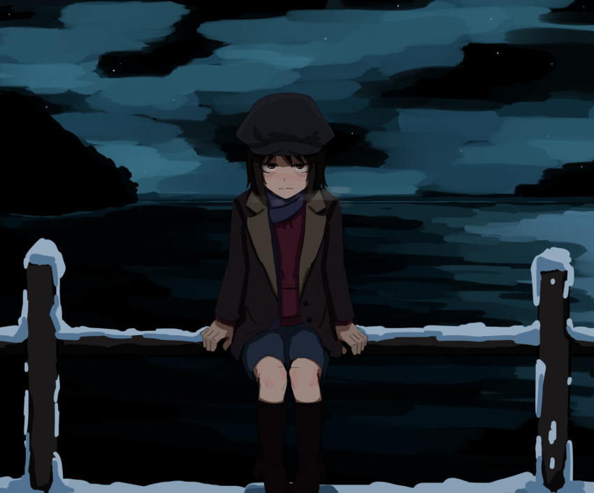 1girl :| annoyed black_footwear black_hair black_headwear black_sky blue_shorts blush boots brown_coat cabbie_hat closed_mouth clouds cloudy_sky coat commentary commission deadpan drawstring english_commentary feet_out_of_frame hand_on_railing hat highres hood hoodie jitome knee_boots kurokimoko light_blush long_sleeves looking_at_viewer mountainous_horizon nakahara_misaki nhk_ni_youkoso! night night_sky nose_blush ocean on_railing open_clothes open_coat outdoors purple_hoodie purple_scarf railing raised_eyebrow scarf short_hair shorts sitting sky snow solo star_(sky) starry_sky straight-on upturned_eyes winter winter_clothes
